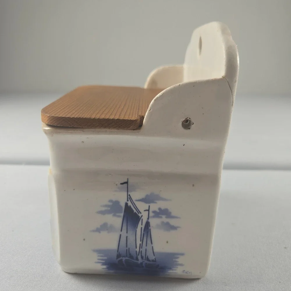 Vintage Delft Blue Holland Wall Mount Salt Box Ceramic Wood Lid Windmill Decor